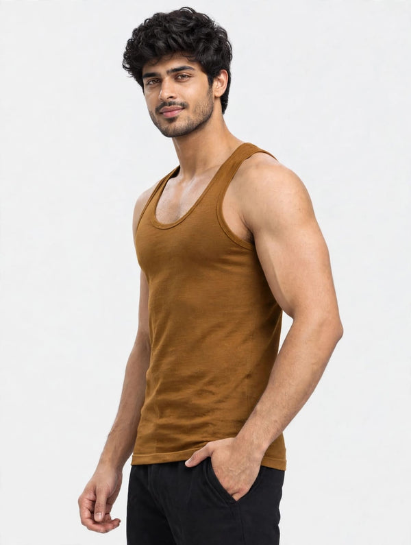 Men's plain 100% cotton vest (Mustard brown)